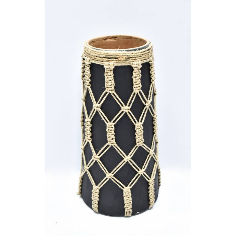 Large Mud Cylindrical Vase with Jute Rope - 12.5" - Black