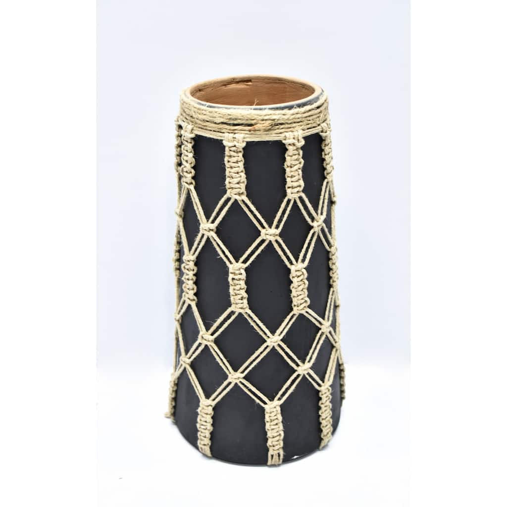 Large Mud Cylindrical Vase with Jute Rope - 12.5" - Black