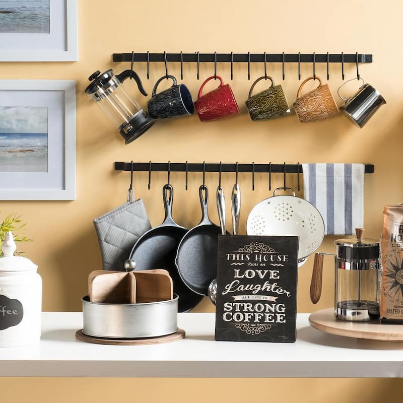 Wallniture Casto 30" Stainless Steel Pot Rack Set of 2 with 30 Hooks, Utensil Holder, Black