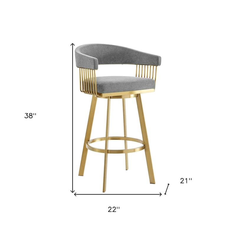 HomeRoots 30" Gray and Gold Fabric and Stainless Steel Low Back Bar Height Swivel Bar Chair
