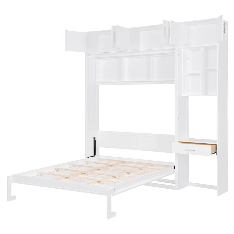 Queen Size Solid Wood Murphy Bed with Built-In Desk, Cabinets & Shelves, Foldable Wall Bed, Multifunctional Storage