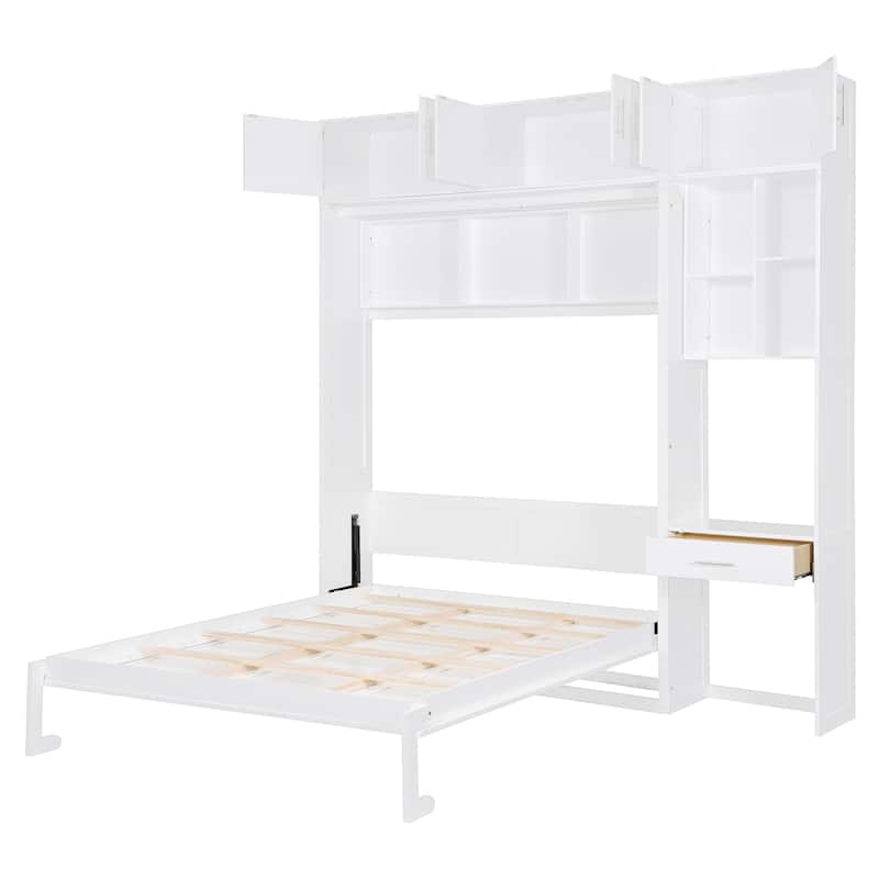 Space-Saving Queen Murphy Bed with Desk, Storage Shelves and Top Cabinets, Foldable Wall Bed in White