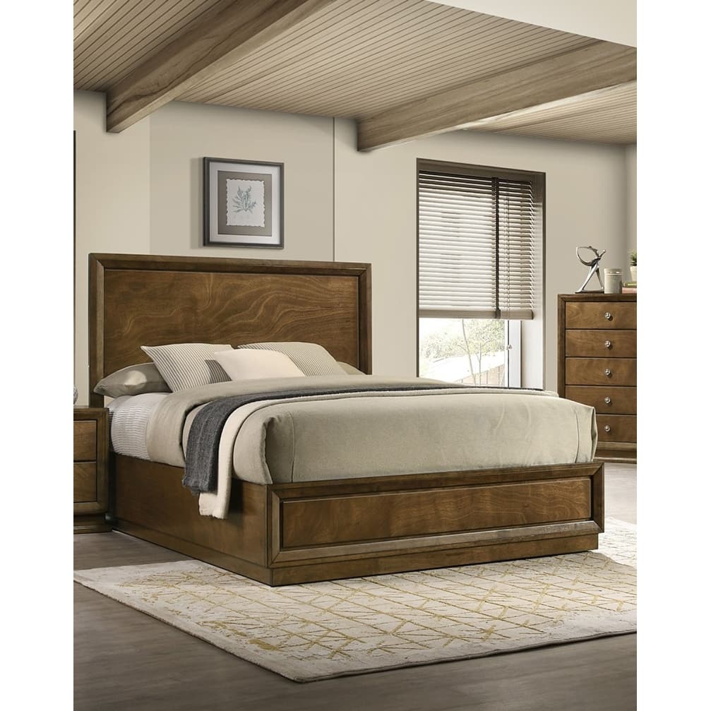 Full Size Walnut Wood Panel Bedframe with High Headboard, Transitional Style