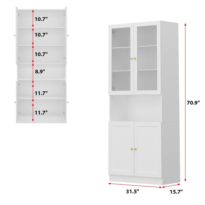 Bookcase Display Cupboard Curio Cabinet 2 Glass Door White Lacquer - 70.9"Hx31.5"W