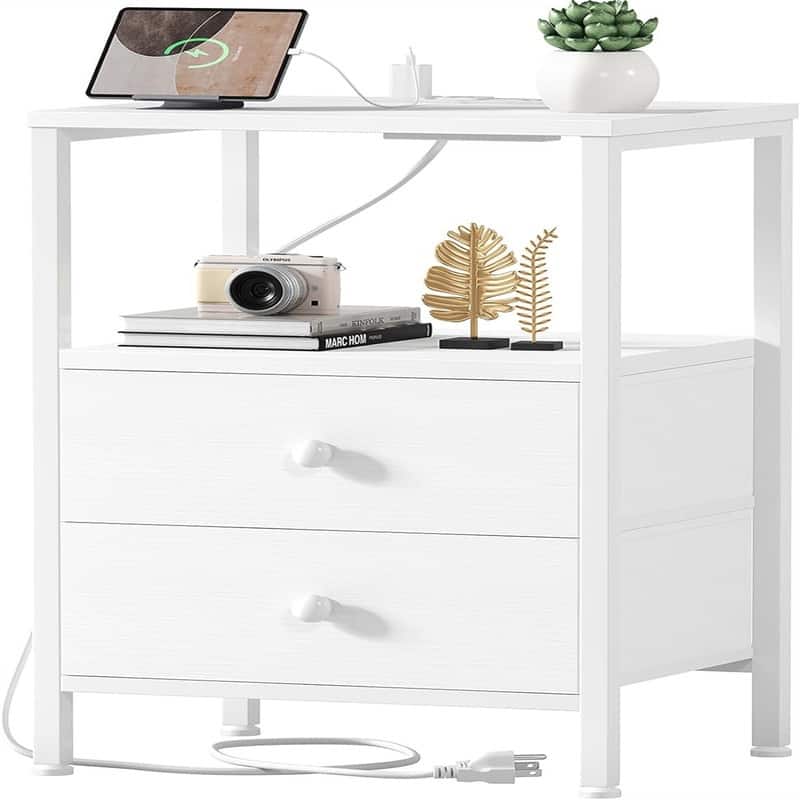 Night Stand with Charging Station - White - 2-drawer