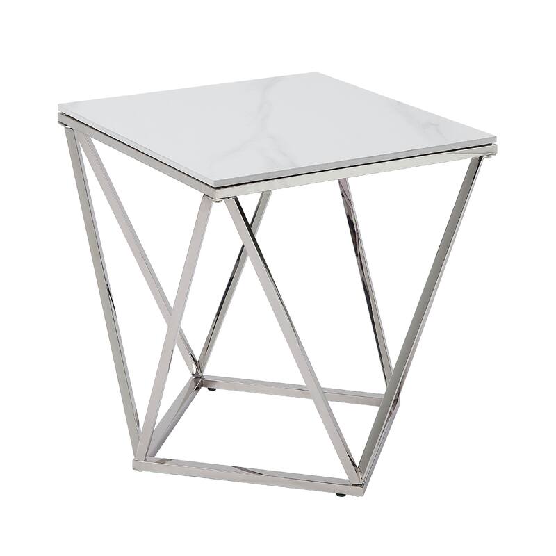 Allie End Table, White Sintered Stone, Silver Stainless Steel 21 Inch
