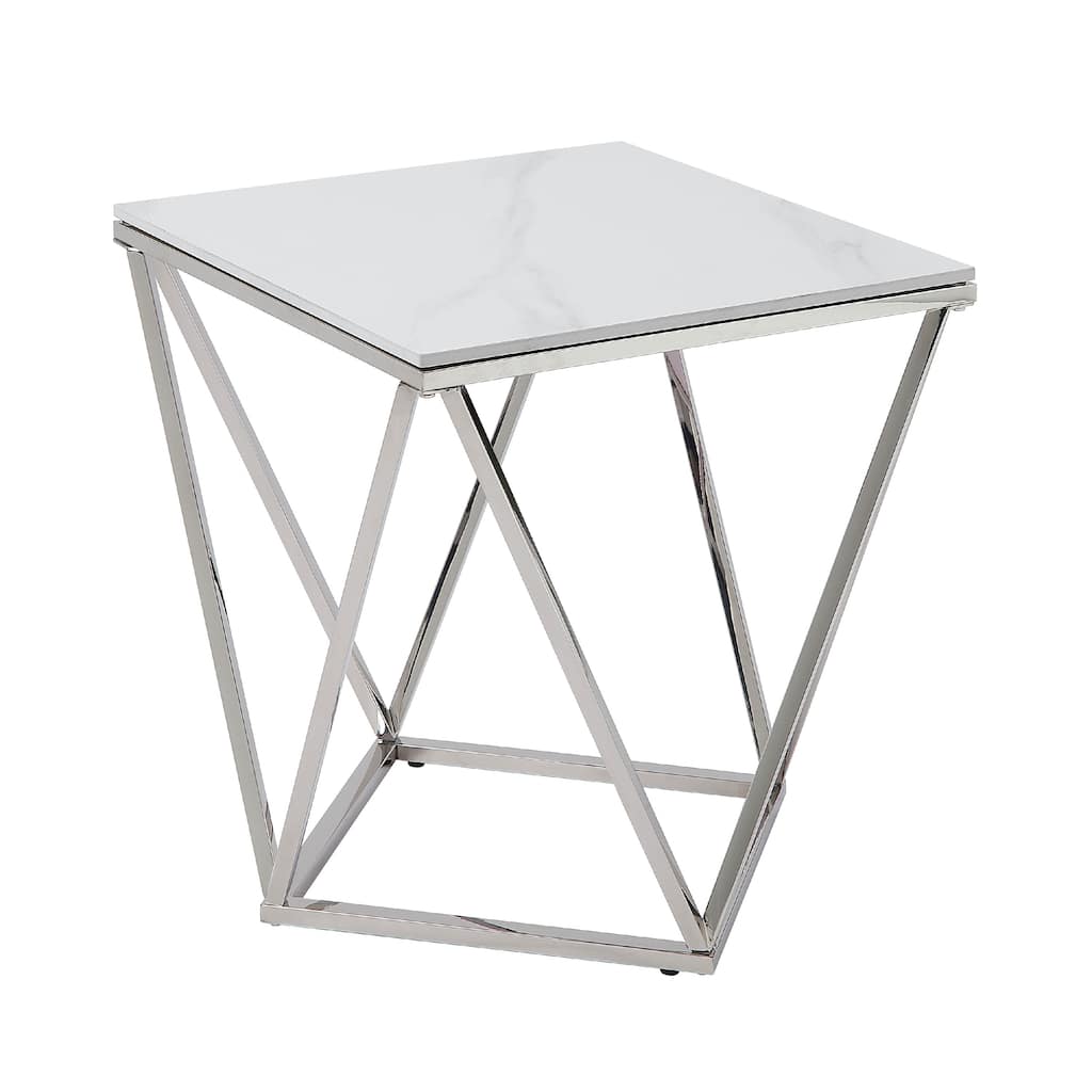 Allie End Table, White Sintered Stone, Silver Stainless Steel 21 Inch