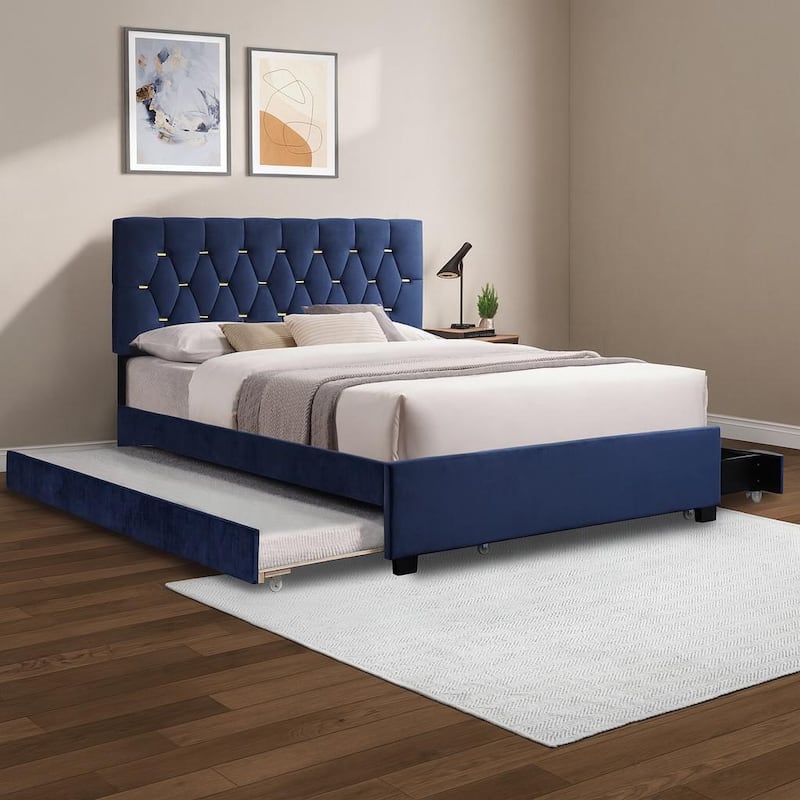 Modern Velvet Queen Bed with Twin Trundle and 2 Storage Drawers in Blue - Blue