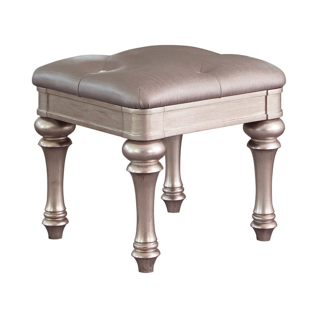 Fabric Vanity Stool with Arrow Bun Feet in Metallic Platinum