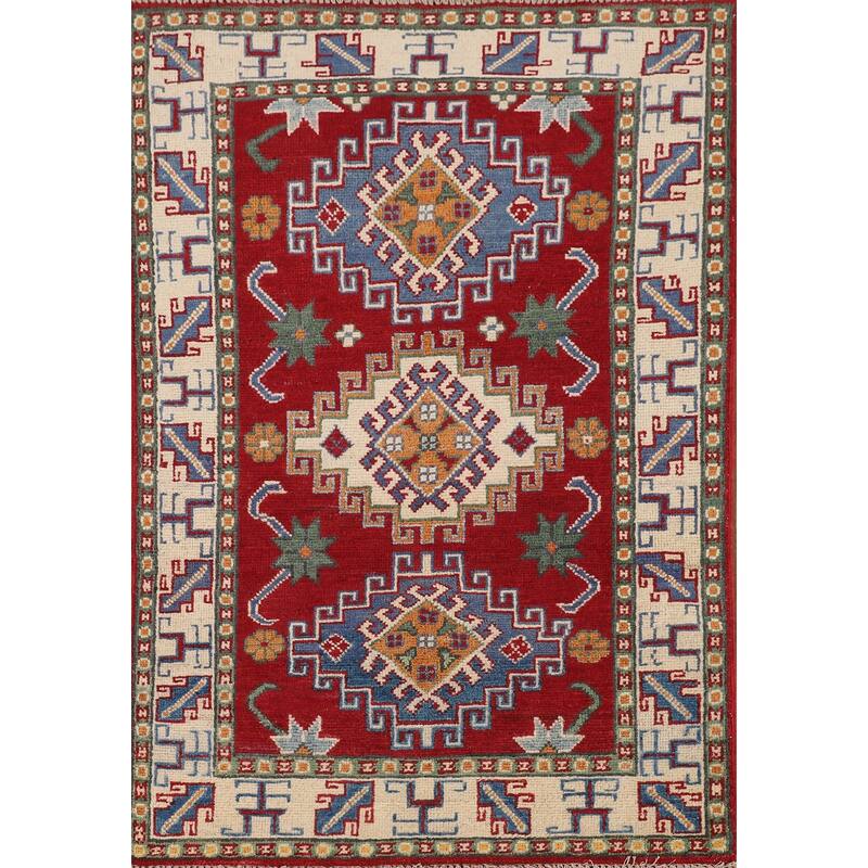 Geometric Red Kazak Accent Rug Hand-Knotted Foyer Wool Carpet - 2'9" x 4'1"