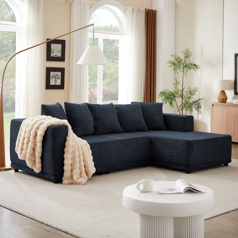 Chenille L-Shaped Sectional Sofa Set - Blue