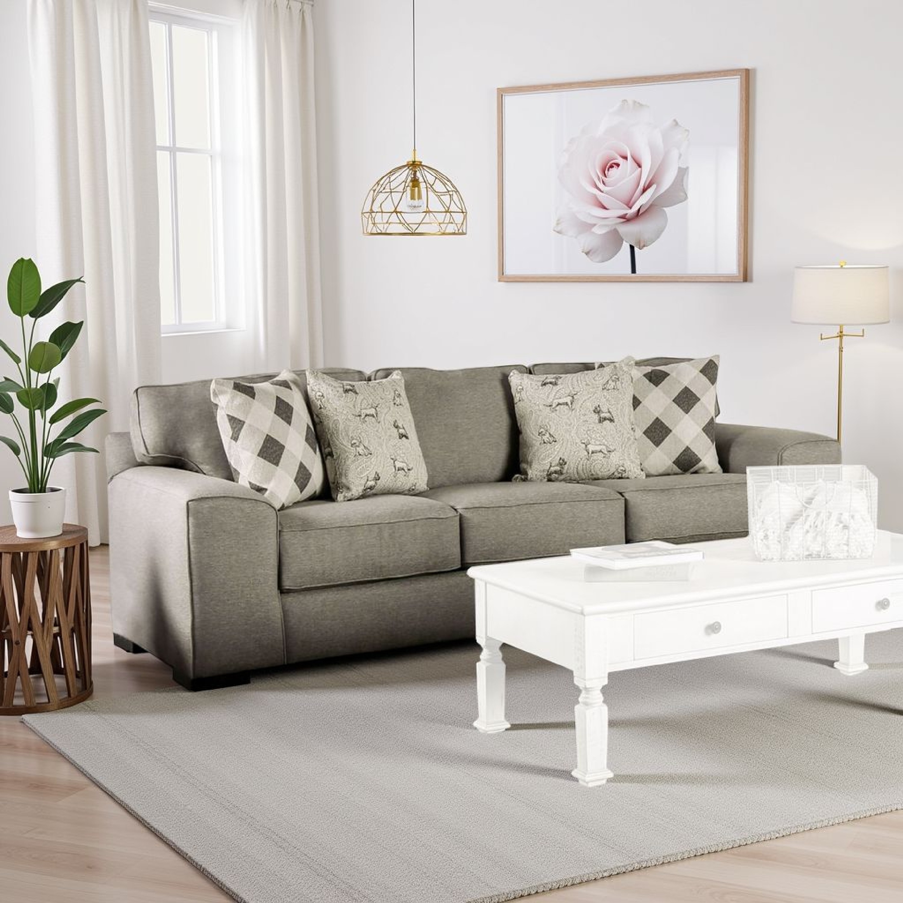 Ricca Sofa with 2 Pillows, Blue Gray Chenille, Brown Legs, 87 Inch