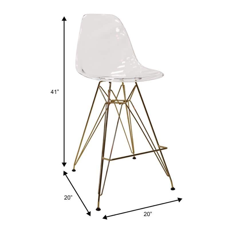 Cresco Modern Ergonomic Acrylic Gold Finish Steel Frame Barstool with Footrest, Sleek Design for Kitchen or Home Bar Seating