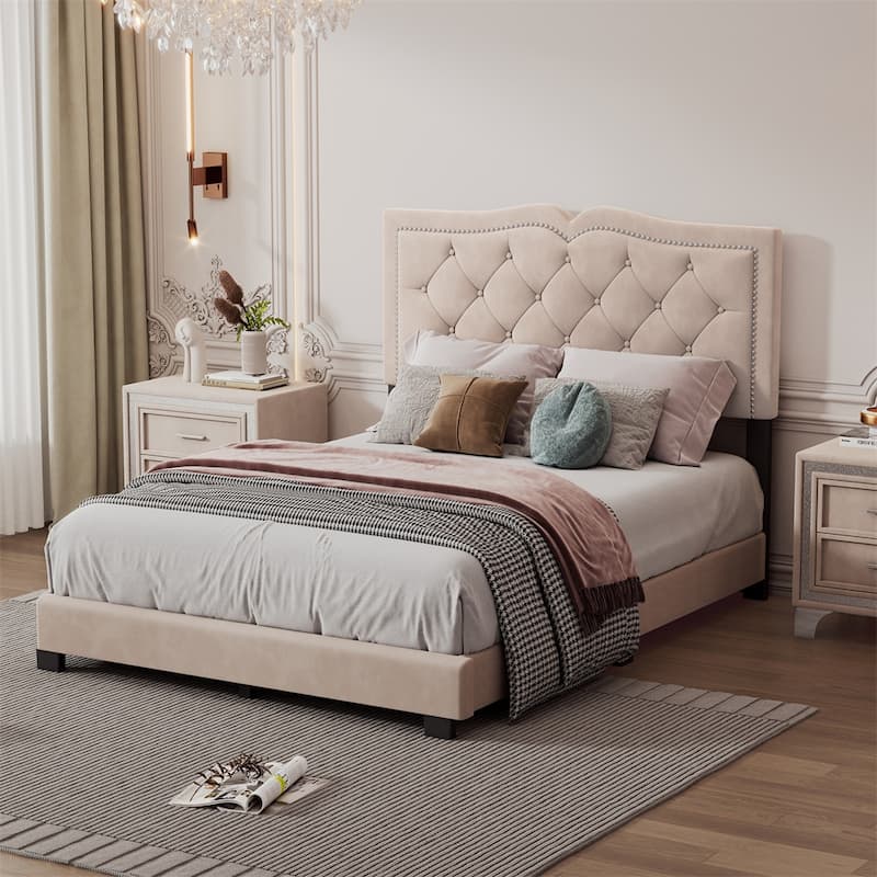 Full Size Upholstered Bed Frame with Rivet Design,Tufted Headboard - Beige