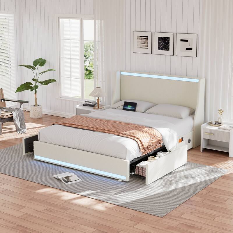 Upholstered LED Bed Frame with 2 Storage Drawers and Wingback Headboard Linen Fabric Platform Bed with Charing Station