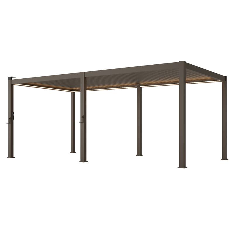 BONOSUKI Outdoor Aluminized Steel LED Louvered Pergola with Adjustable Roof, Brown