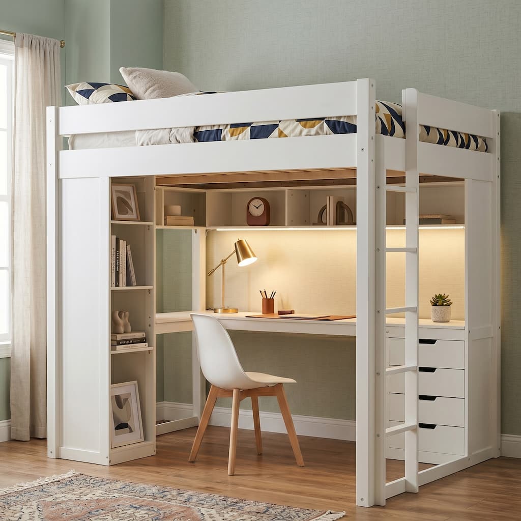 Loft Bed with L-Shaped Desk, LED Lights, USB Ports, 4 Drawers & Storage Shelves by Harper&Bright Designs
