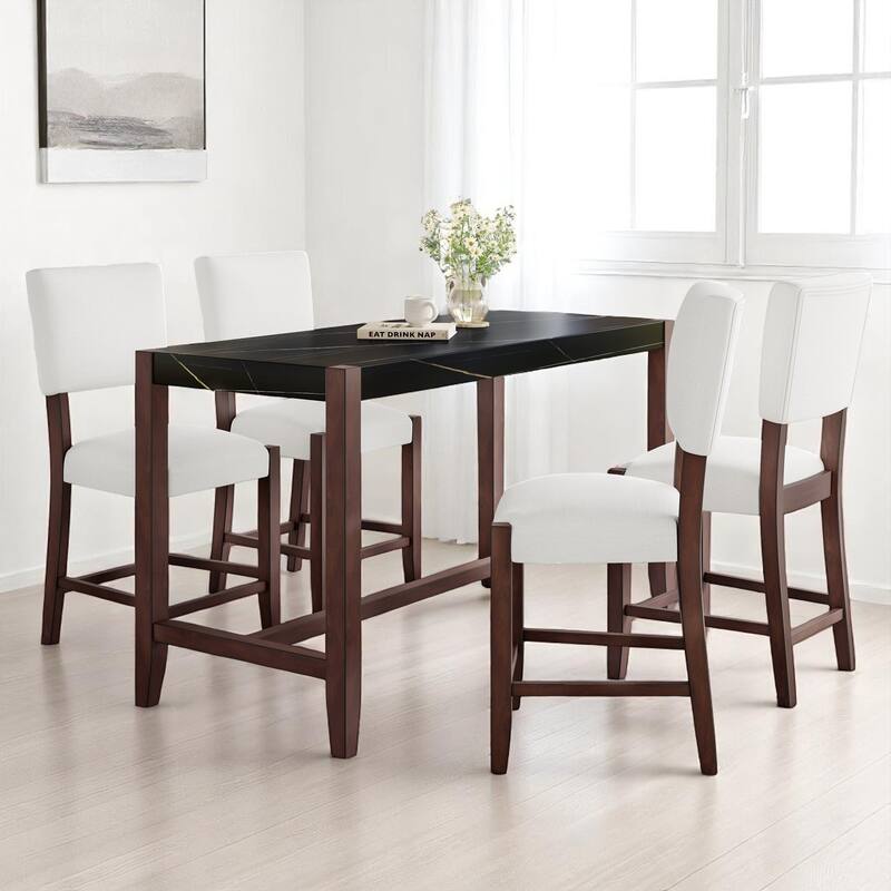 Mid-Century 5-Piece Pub Dining Set with Faux Marble Bar Table and 4 Linen Chairs, Ideal for Kitchen or Small Spaces