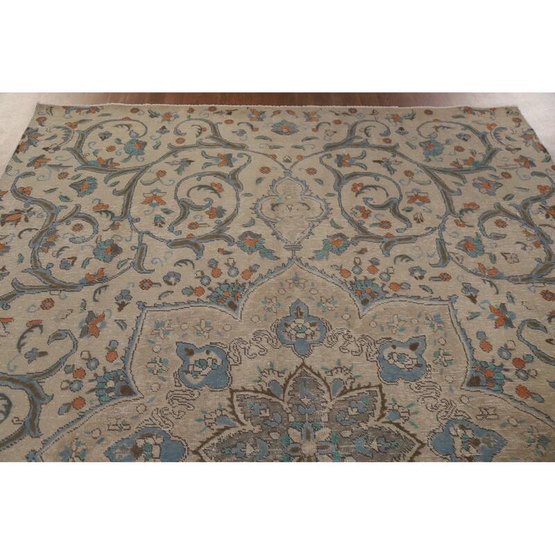 Hand Knotted Oriental 100% Wool Carpet Traditional Floral Beige & Ivories Tabriz Area Rug - 10' 1'' X 6' 10''