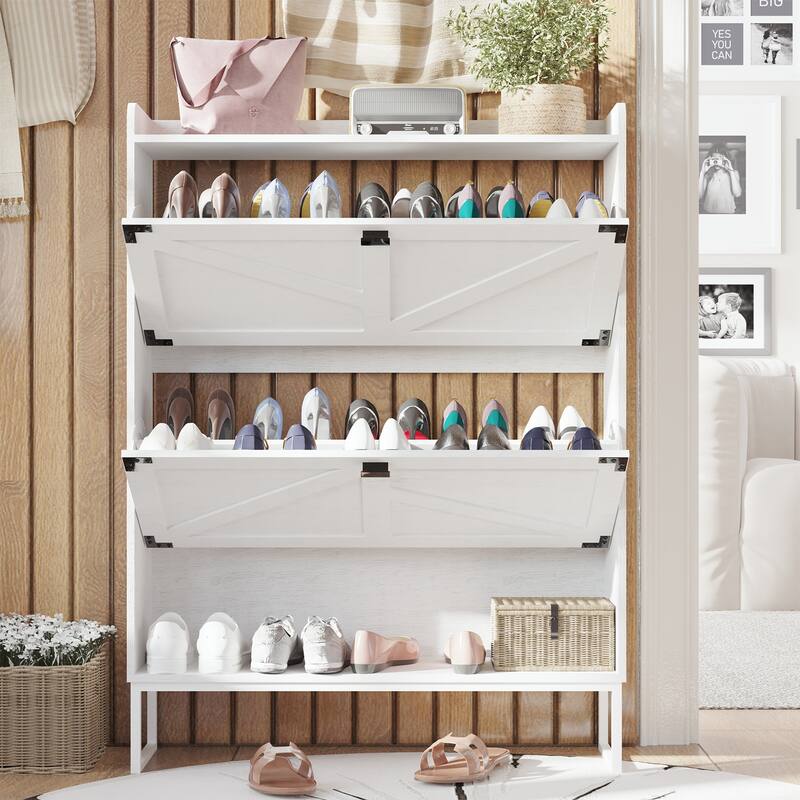 Narrow Rack Shoe Cabinet with 2 Flip Drawers and Open Shelf - White