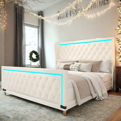 Queen Platform Bed Frame With High headboard, Adjustable Colorful LED Light Decorative Headboard