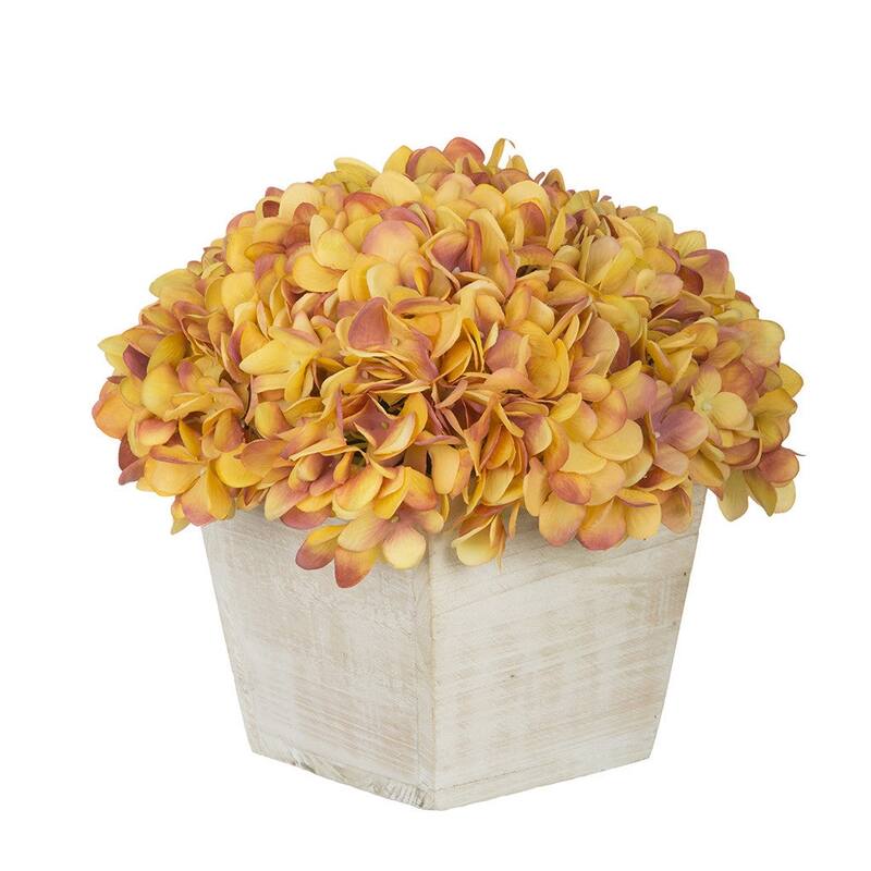 Faux Hydrangea in White Washed Wood Cube Planter - Gold