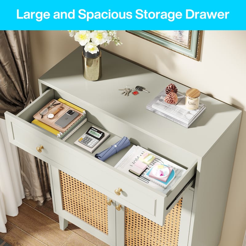 Shoe Cabinet with Doors and Drawer, Modern Rattan Shoe Storage Cabinet for Entryway, Mint Green
