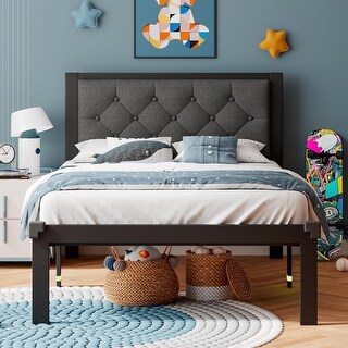 Twin Metal Bed Frame with Linen Platform, Button Tufted Headboard, 12 ...