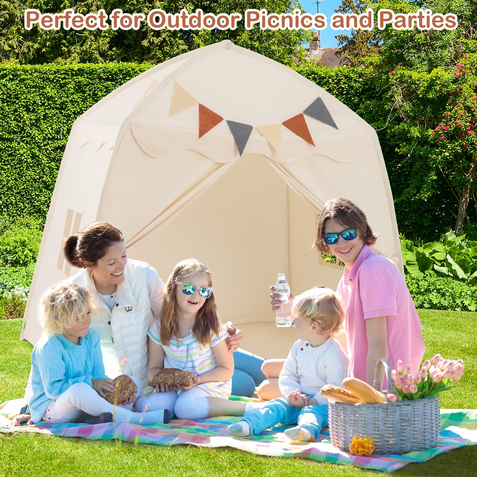 Beige Extra Large Playhouse Tent with String Lights Perfect