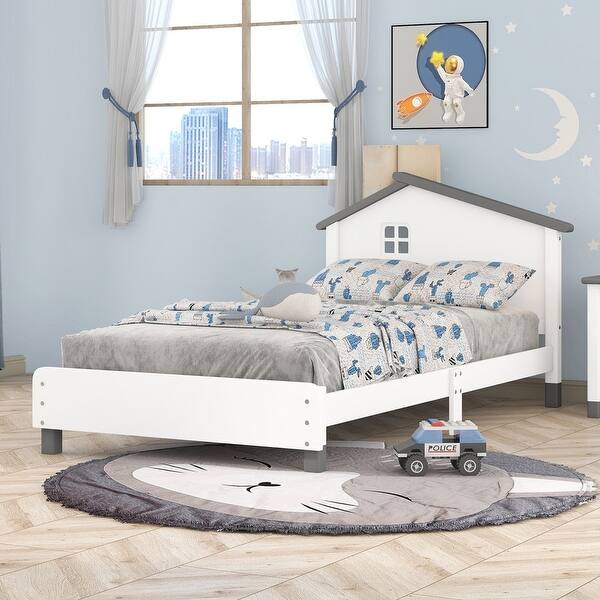 slide 2 of 12, Twin Size Wood Platform Bed with House-Shaped Headboard White