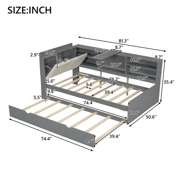 dimension image slide 0 of 2, Wood Twin Size platform bed with Trundle, Shelves and Storage Headboard