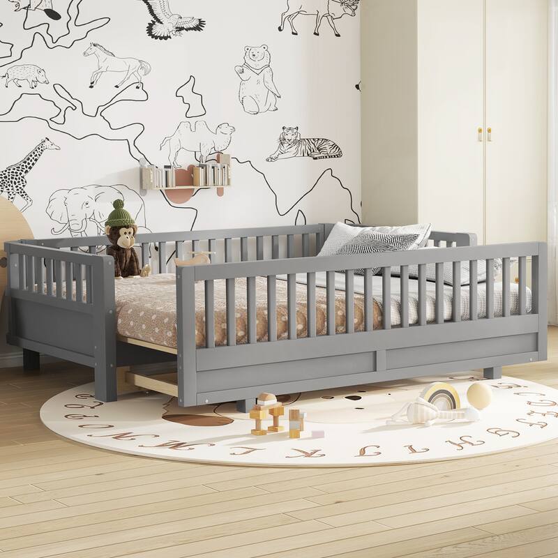 Adjustable Platform Bed Frame with Safety Guardrail for Kids, Guests