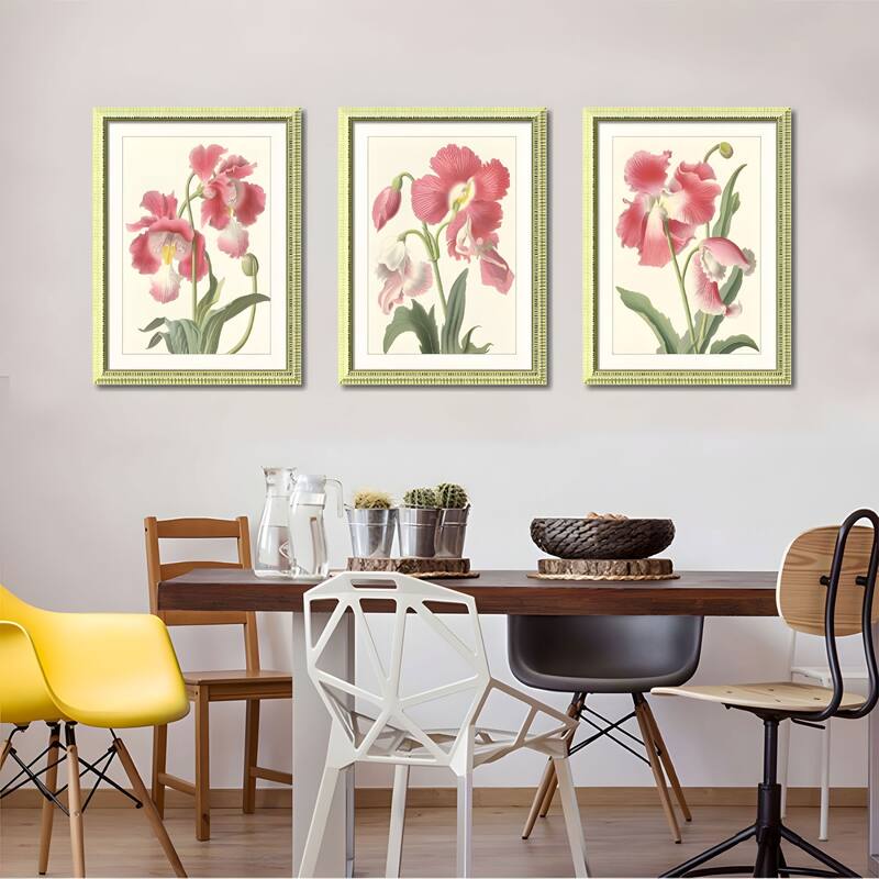 Set of 3 Pink Flower Framed Wall Art - Botanical Floral Prints with Wood Picture Frames, Antique Frame Style Wall Decor