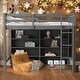 preview thumbnail 2 of 7, Twin Size Child Loft Bed with 8-Open Storage Shelves, Wooden Kids Bed Frame with Built-in Ladder, Grey