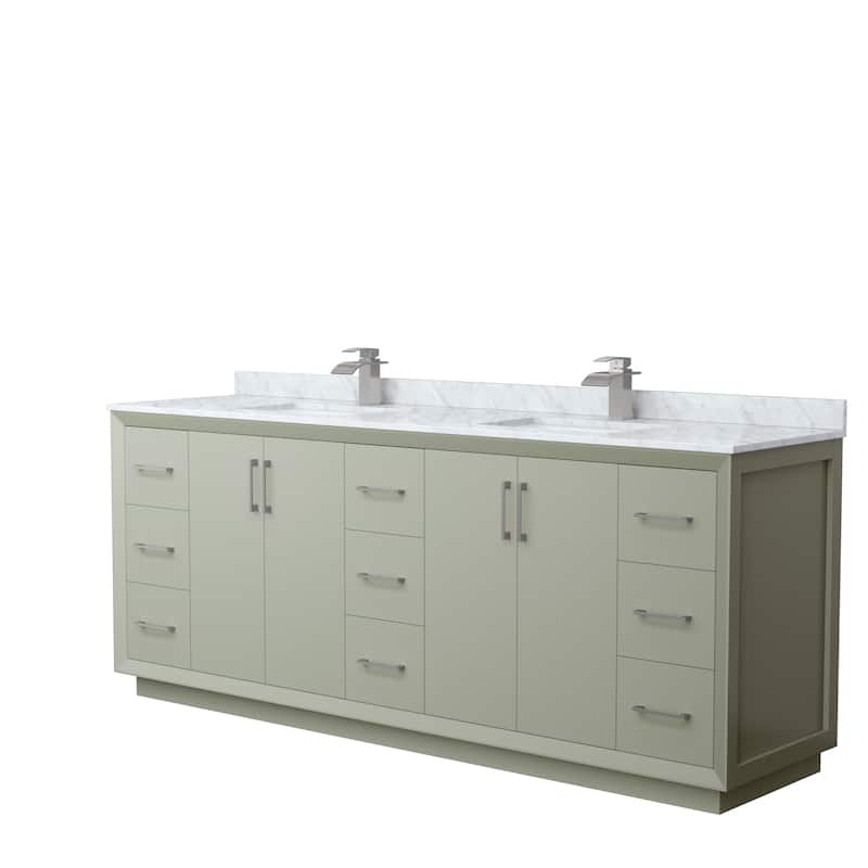 Strada 84-Inch Double Vanity Set, Carrara Marble Top - Light Green, Nickel Trim, Carrara Marble Top
