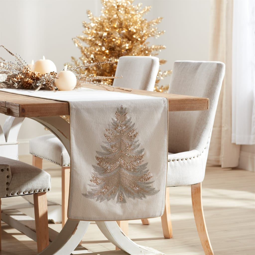 Embroidered Pine Tree Table Runner - 72" - Beige and Gold