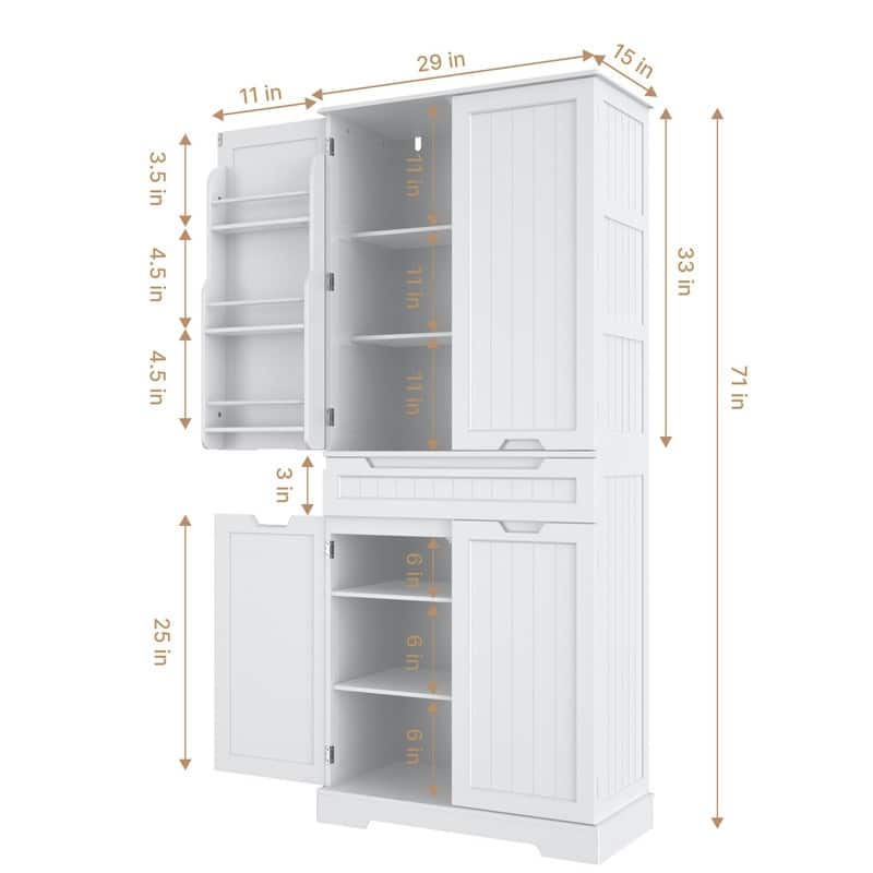 71" Freestanding Modern 4 Doors Kitchen Storage Pantry Cabinet with Shelves and Drawers Tall Kitchen Storage Cabinet Organizer