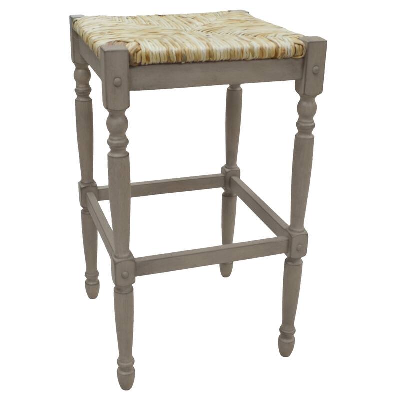 Solid Wood Rush Seat Backless Counter Height Stool with Footrest