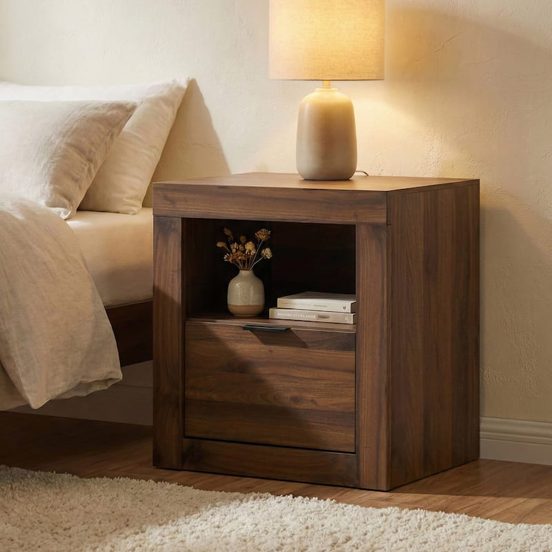 Furniture of America Merro Modern Solid Wood 1-Drawer Nightstand with Top Open Shelf - Walnut
