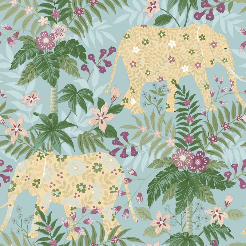 Galerie Wallcoverings Into The Wild Floral Elephant Non-woven Metallic Wallpaper Roll - 33 feet x 21 inches - Blue