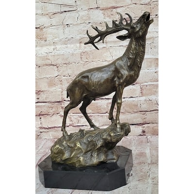 Chalet Lodge Art Elk Stag Buck Deer Hunter Bronze Marble Base Sculpture Statue