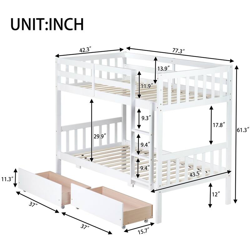 Twin Over Twin Rubber Wood Bunk Bed with 2 Drawers, Convertible into 2 Twin Beds