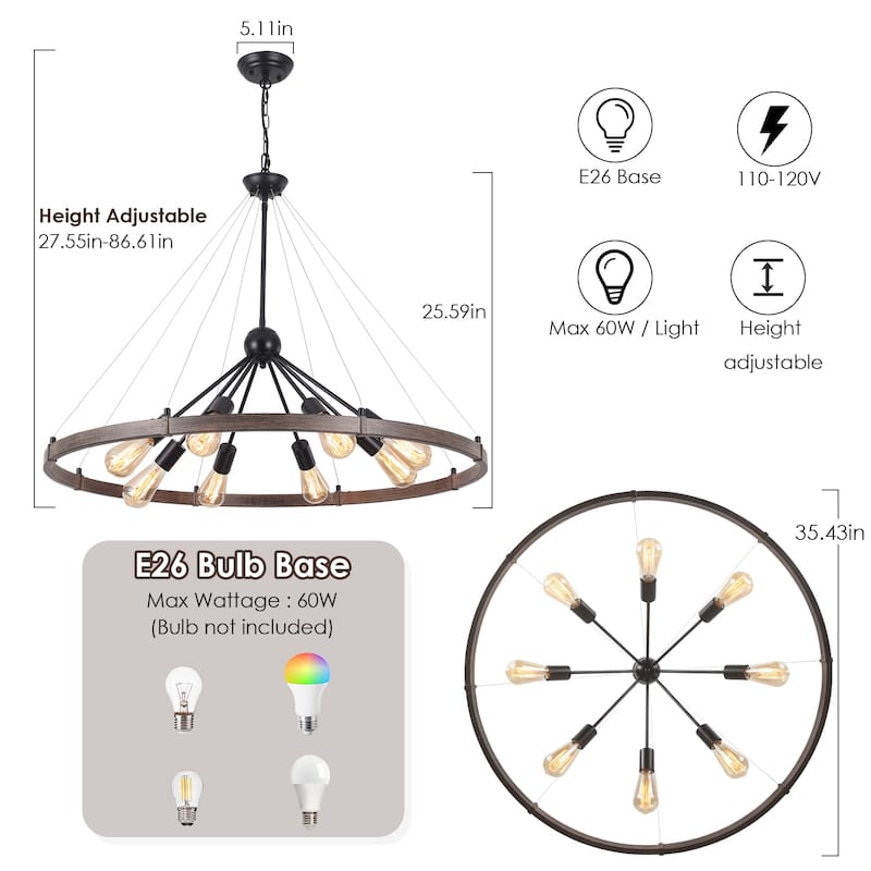 8-Light Farmhouse Wagon Wheel Chandelier with Adjustable Chain