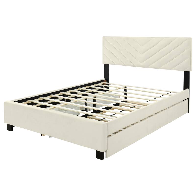 Twill Upholstered Bed with Twin Trundle & Drawers, Queen Size, Beige