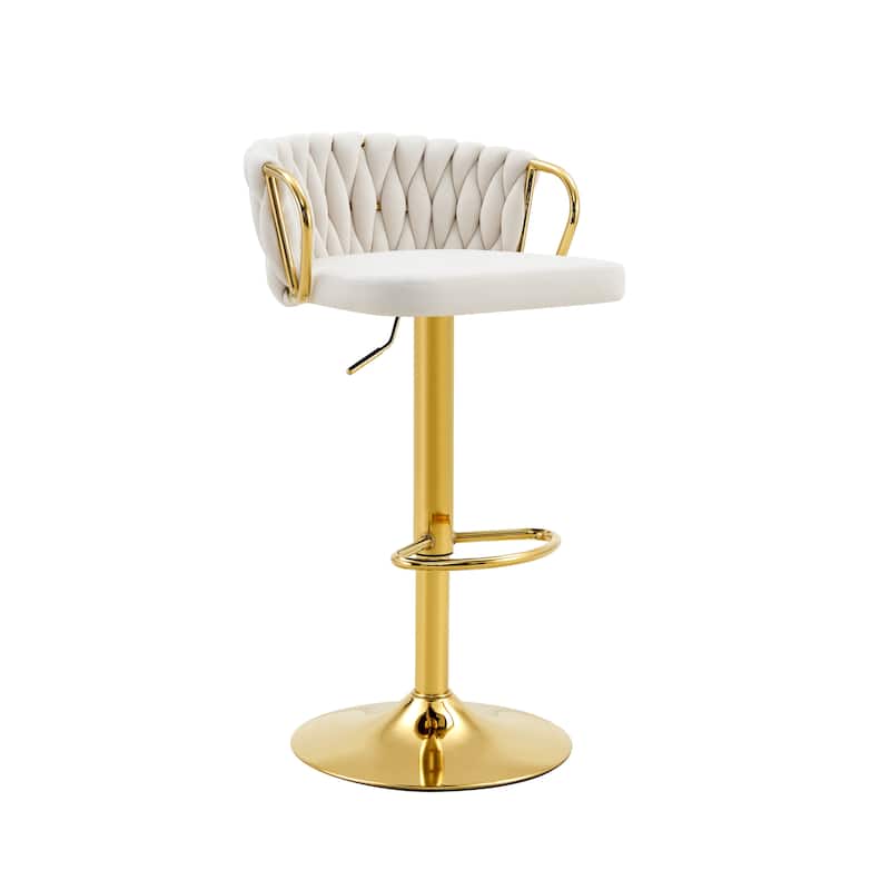 Set of 2 Modern Luxury Velvet Braided Bar Stool with Adjustable Height, Metal Base & Woven Rope Backrest
