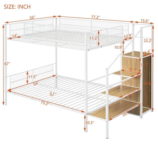 Twin Over Full Bunk Bed with Wire Shelving and Lateral Storage Ladder, Metal Bunk Bedframe with Bulit-in Wardrobe and Slats