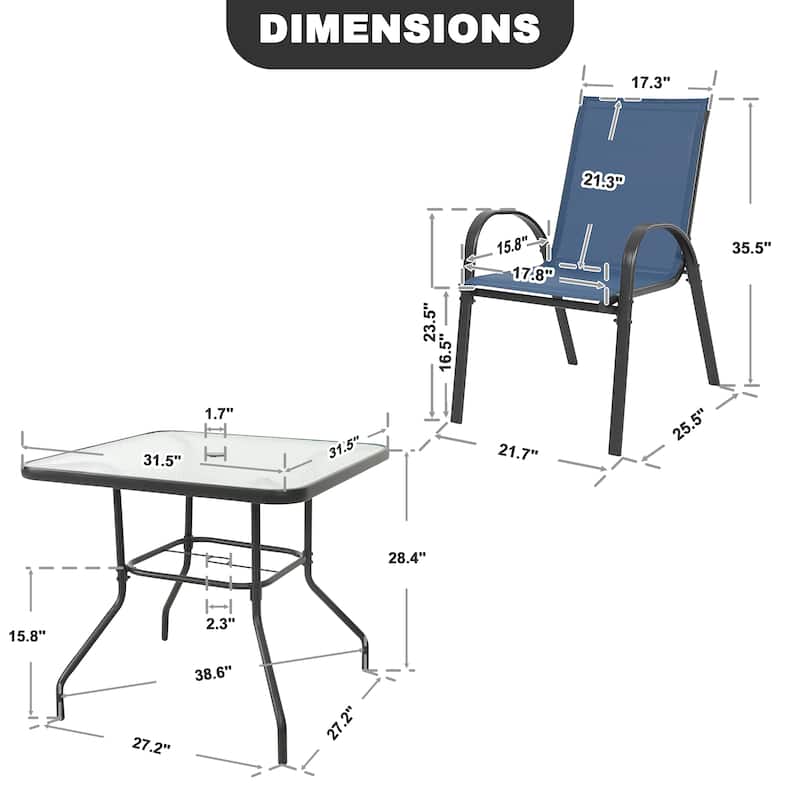 5-Piece Outdoor Dining Set, Textilene Stackable Chairs ang Square Table with Umbrella Hole