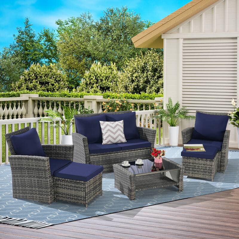 6-Piece Outdoor Wicker Conversation Set with Ottomans and Glass Coffee Table, Cushioned Seating