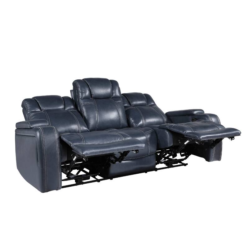 Ezia Power Double Reclining Sofa, Storage Arms, Blue Leather, 84 Inch