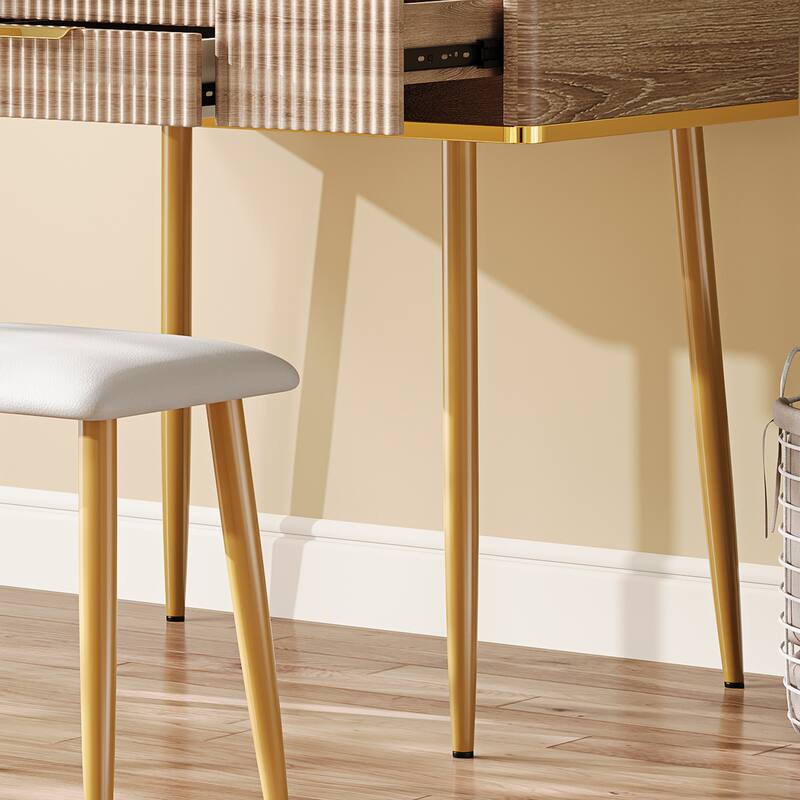 4-Drawer Vanity Desk with LED Mirror & Carved Details